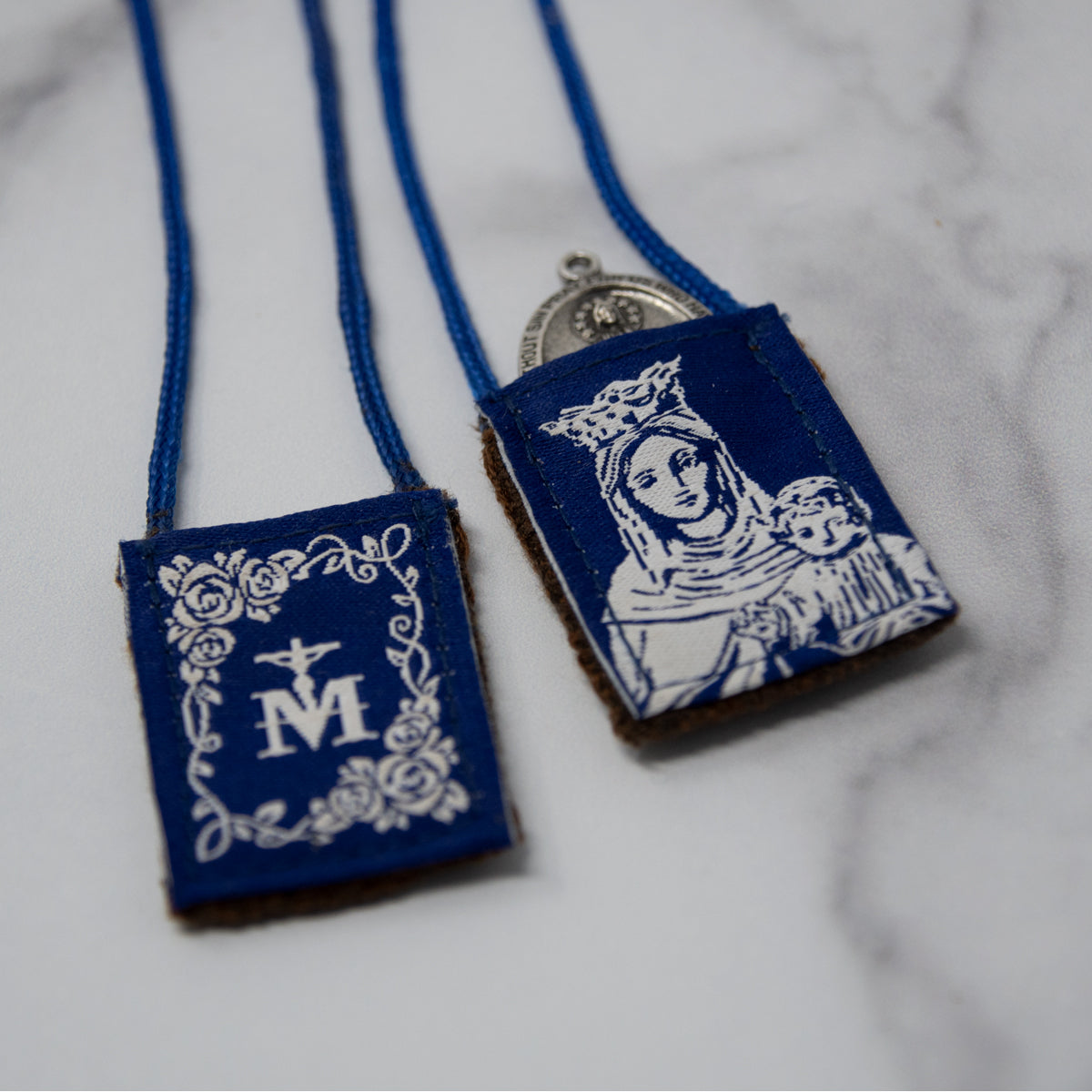 Premium Brown Scapular, Blue & White Rose - scapulars.com®