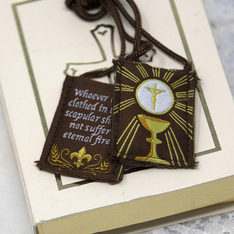 Premium Brown Scapular, Brown & Gold, Eucharist (Kids’ Size) - scapulars.com®