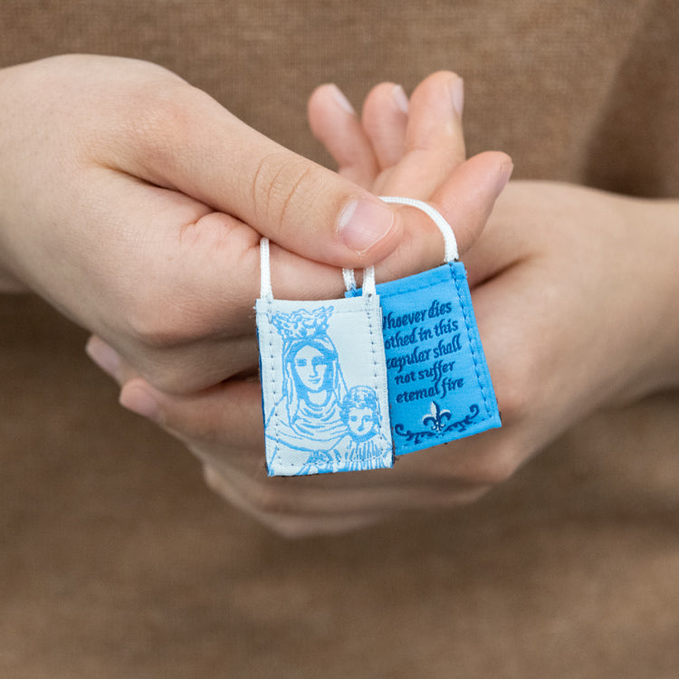 Premium Brown Scapular, Blue & White, Our Lady of Mt. Carmel (Kids’ Size) - scapulars.com®