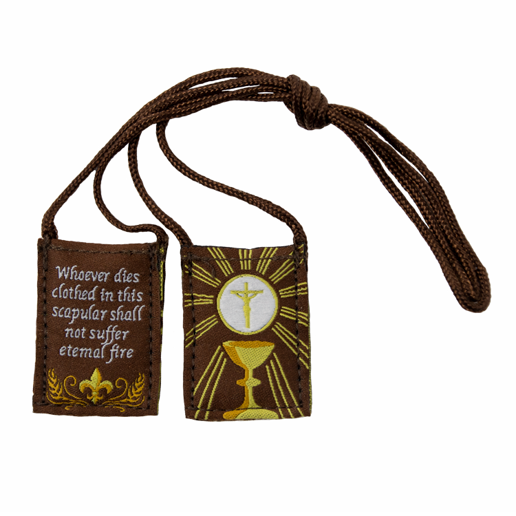 Premium Brown Scapular, Brown & Gold, Eucharist (Kids’ Size) - scapulars.com®