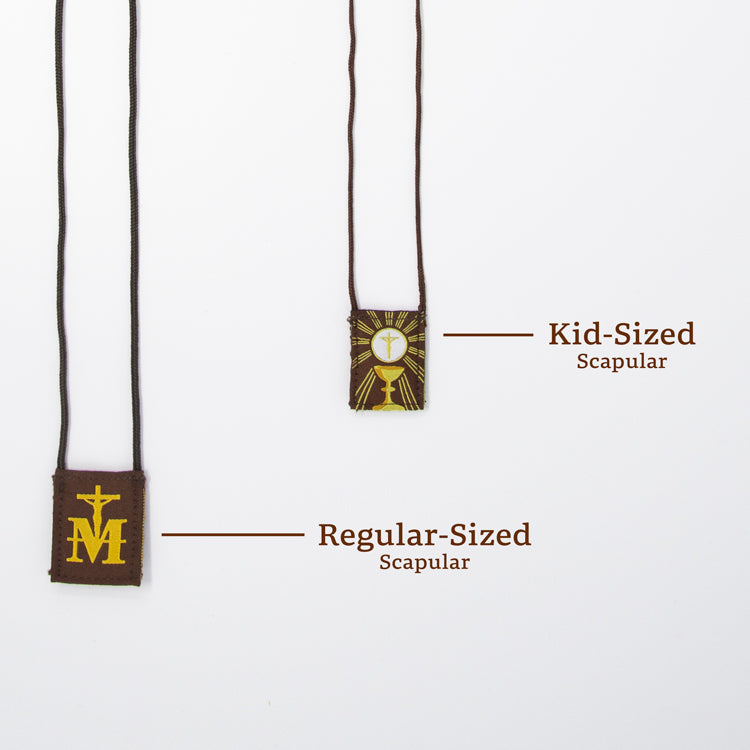 Premium Brown Scapular, Brown & Gold, Eucharist (Kids’ Size) - scapulars.com®