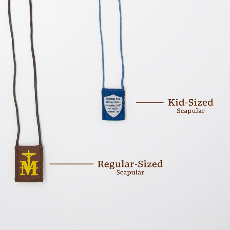 Premium Brown Scapular, Blue & White, Shield (Kids’ Size) - scapulars.com®